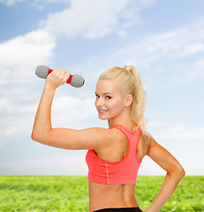 Image showing young sporty woman with light dumbbell