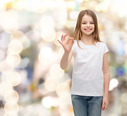 Image showing little girl in white t-shirt showing ok gesture