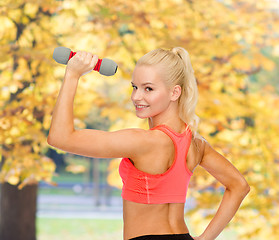 Image showing young sporty woman with light dumbbell