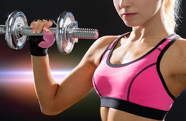 Image showing close up of sporty woman with heavy steel dumbbell