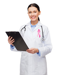 Image showing female doctor with breast cancer awareness ribbon