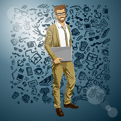 Image showing Vector Hipstar Man With Laptop in His Hands