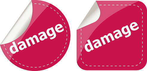 Image showing damage word on stickers web button set, label, icon
