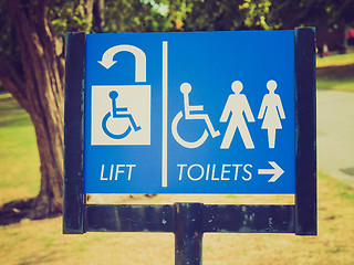 Image showing Retro look Lift and toilets sign