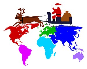 Image showing Santa Claus on his reindeer sleigh high above the six continents