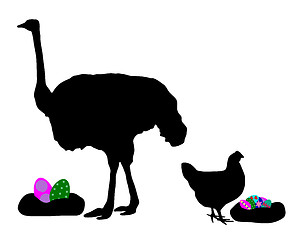 Image showing Hen and ostrich with easter eggs