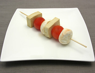 Image showing Vegetable spit with bean curd and rice on white plate