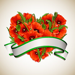 Image showing Flower heart of red poppies with ribbon.