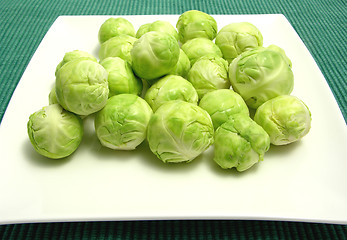 Image showing Brussels sprouts arranged on a white plate and green placemat