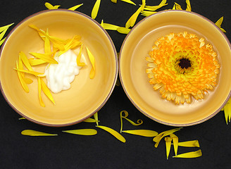 Image showing Water and creme of marigold surrounded by petals