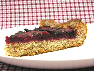 Image showing One piece of berry cake on a white plate