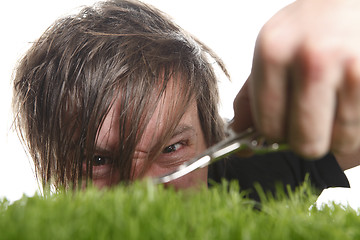 Image showing Young man cuts English lawn 