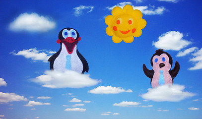 Image showing Penguins and sun