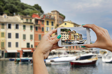 Image showing Portofino, photographing with mobile phone