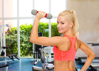 Image showing young sporty woman with light dumbbell