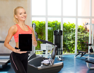 Image showing smiling woman showing tablet pc blank screen