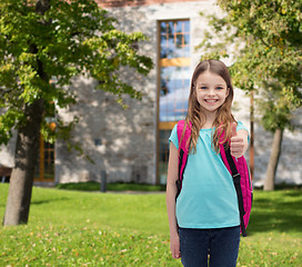 Image showing smiling girl with school bag showing thumbs up