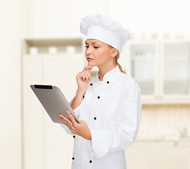 Image showing smiling female chef with tablet pc computer