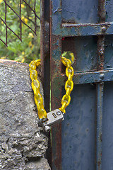 Image showing Iron gates locked chain 