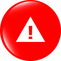 Image showing glossy web button with attention warning sign. Rounded square shape icon with shadow and reflection on white background