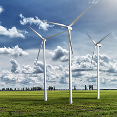 Image showing Wind generators turbines on summer landscape