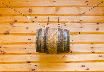 Image showing gable of wooden rural house and barrel with chains 