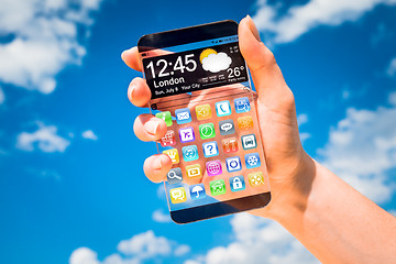 Image showing Smartphone with transparent screen in human hands.