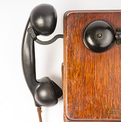 Image showing Vintage Obsolete Oak Telephone Set Bakelite Handset Wallbox Ring
