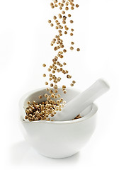 Image showing white peppercorns falling into mortar and pestle