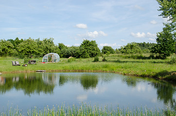 Image showing village pond greenhouse in summer 