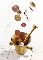 Image showing euro coins falling into mortar and pestle