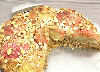 Image showing Cutted  wholemeal apple cake on a cake tray on gray background