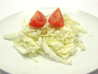 Image showing Close-up view on chinese cabbage and tomatoes with pepper