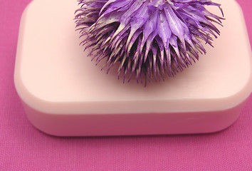 Image showing Pink soap with decoration articles on a  pink background