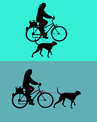 Image showing Women on bicycle with dogs on leash