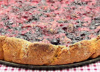 Image showing Delicious berry cake on checked table cloth