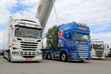 Image showing Three Scania Heavy Show Trucks