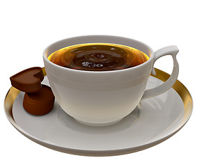 Image showing Cup of tea or coffee with two pieces of chocolate