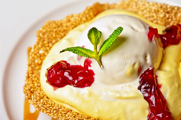 Image showing cake with jam ice cream