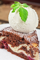 Image showing chocolate cake with jam ice cream