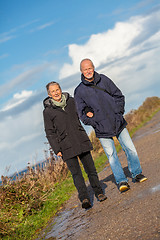 Image showing happy elderly senior couple walking on beach