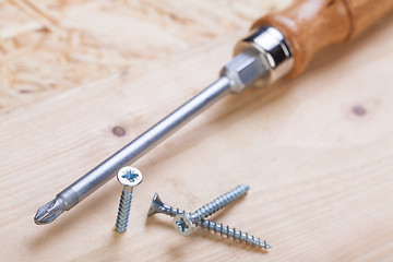 Image showing Phillips head screwdriver and wood screws