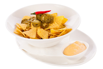 Image showing Nachos with cheese sauce and chilli pepperoni