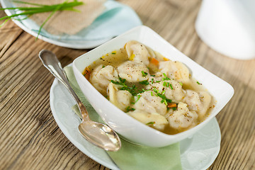 Image showing Dish of savory pork tortellini in broth pelmeni russian
