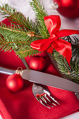 Image showing Red themed Christmas place setting