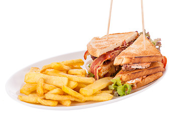 Image showing Club sandwich with potato French fries