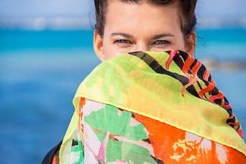 Image showing Beautiful vivacious woman at the seaside