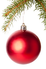 Image showing Christmas ball hanging from a branch of a fir tree