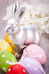 Image showing Easter still life with a silver bunny and eggs