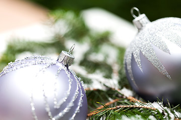 Image showing Silver Christmas ornaments in leaves